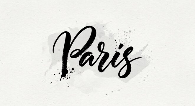 Elegant script font spelling "Paris" with watercolor ink splatter effect, monochrome.