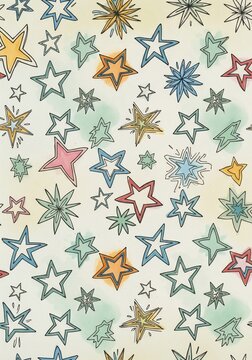 Hand-drawn star pattern, colorful celestial shapes, whimsical, festive background.