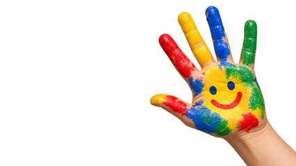 Fototapeta premium Colorful Painted Smiley Open Palm for Positive Kids Education Campaigns