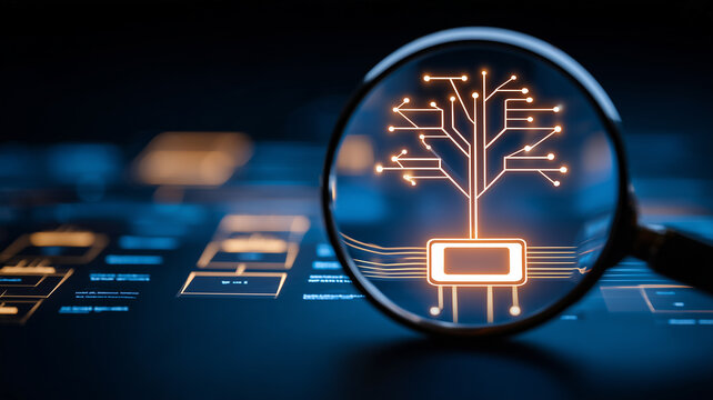 A magnifying glass focused on a circuit tree and processor symbol represents artificial intelligence architecture and advanced technology analysis.
