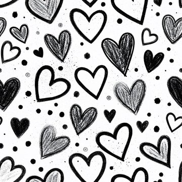 Seamless heart pattern, hand-drawn sketchy love shapes, doodle art, romantic background, simple graphic design, black and white texture.