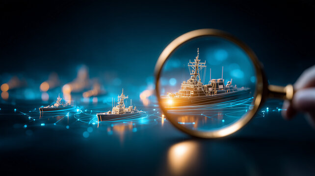 Magnifying glass focused on a naval patrol ship surrounded by fleet vessels representing maritime surveillance and defense monitoring.
