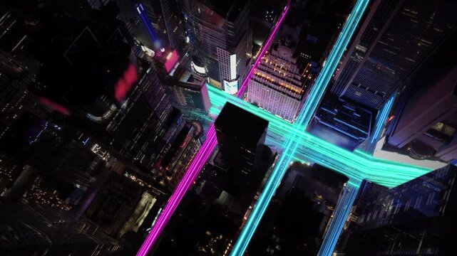 Abstract digital network overlaid on New York Manhattan skyscraper and traffic