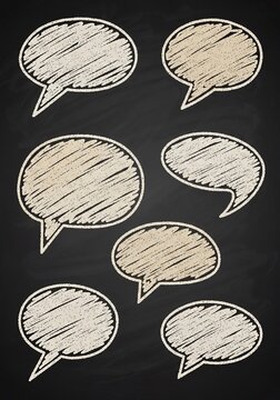 Hand-drawn chalk speech bubbles on textured background, empty communication, idea placeholders, conversation shapes.