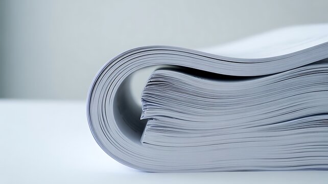 Curved Stack of Printed White Paper Documents on an Office Table Desk Close Up