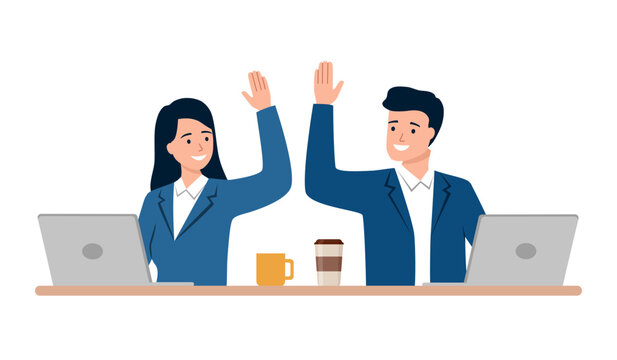 Successful Project Deal, Victory Goal Achievement. Business Colleagues Giving Highfive in Office. Businesspeople Rejoice for Good Job. Cartoon Vector Illustration
