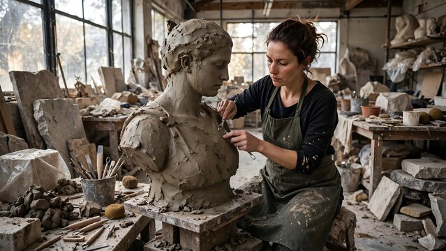Sculptor refining a large clay sculpture inside a spacious professional art studio