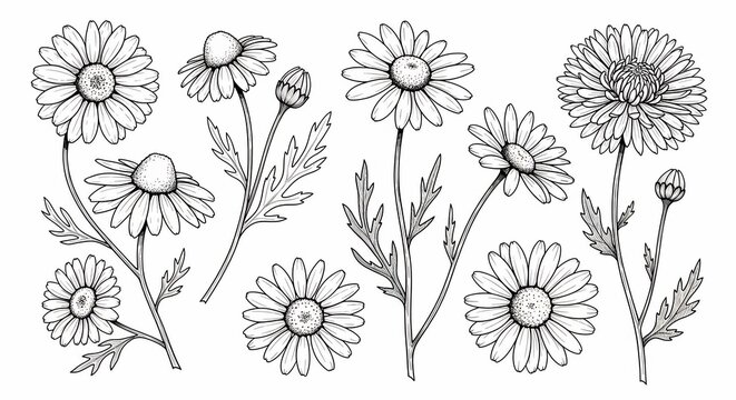Botanical Illustration: Delicate Wildflowers and Buds, Hand-Drawn Outline, Natural Elements