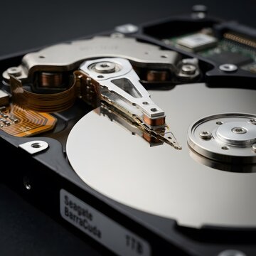 Close-up of opened hard disk drive showing platter, actuator arm and internal mechanism