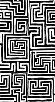 Abstract geometric pattern, black and white maze, complex design, challenging puzzle, intricate path, monochrome background.