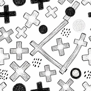 Hand-drawn crosses and circles pattern, playful texture, monochrome graphic design.