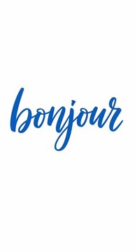 Blue script lettering "bonjour" on white background, elegant calligraphy, greeting, hello, welcome, French word.