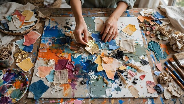 Contemporary artist creating a colorful mixed-media artwork using paint and textured materials.