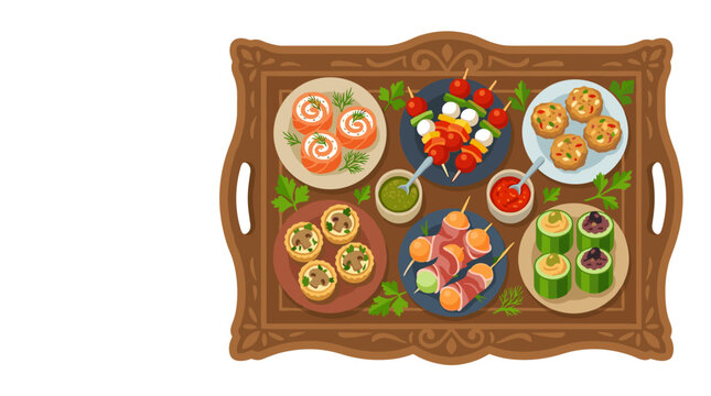 Wooden tray with assorted appetizers and gourmet snacks