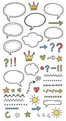 Fototapeta premium Speech bubbles, crowns, hearts, suns, question marks, arrows, and punctuation symbols in a doodle art style, isolated on white.