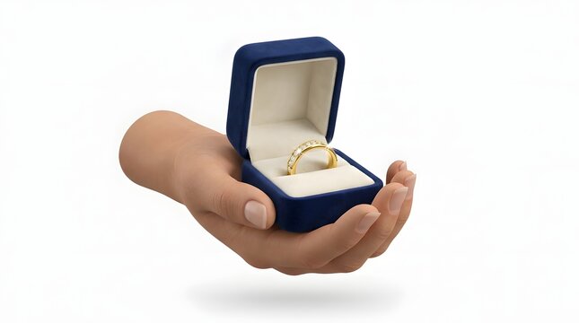 Hand Holding Blue Jewelry Ring Box with Gold Ring on White Background