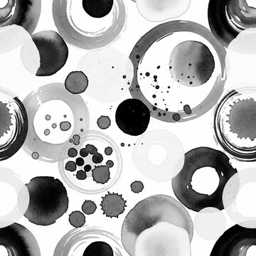 Abstract Monochrome Circles Pattern, Watercolor Ink Splatter Texture, Organic Round Shapes Background