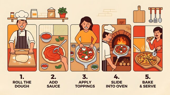 Illustration of People Making Pizza with Step by Step Instructions in Kitchen
