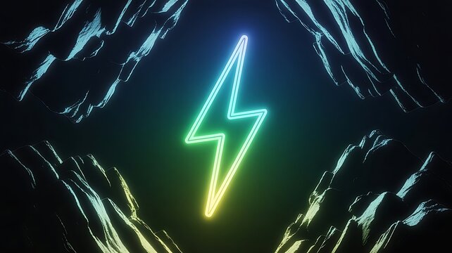 A digital art composition featuring a glowing neon lightning bolt between dark rocky canyon walls