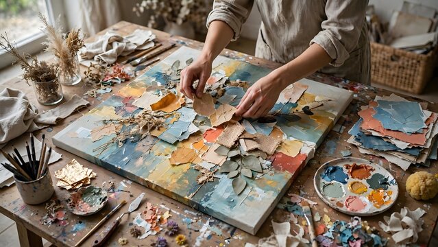 Mixed-media creative process combining multiple artistic materials and techniques