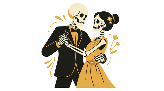 Dancing skeleton bride and groom in vintage wedding attire
