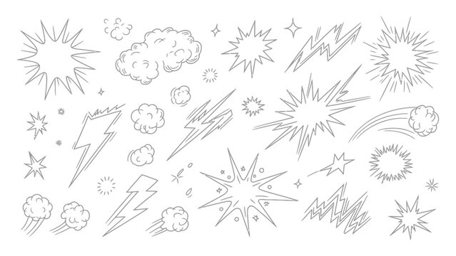 Comic book style explosions and lightning bolt vector graphics set for dynamic action scene illustration with elements