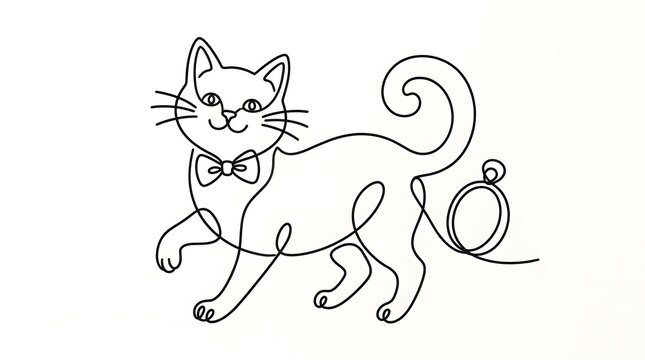Minimalist Black Line Drawing of Playful Cat with Bow Tie and Collar on White Background