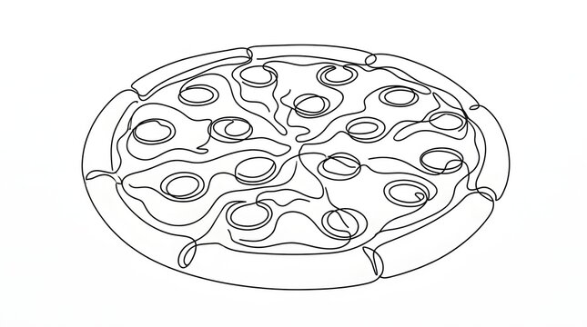 Minimalist Line Drawing of Pepperoni Pizza with Thin Crust on White Background