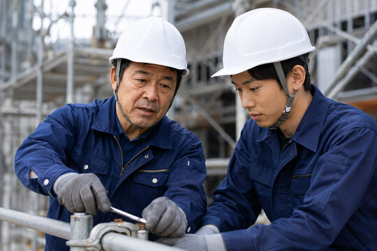 建設現場で若手作業員に作業方法を指導するベテランの日本人建設作業員