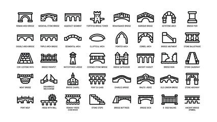 Collection of Various Historical and Architectural Bridge Designs with Detailed Line Icons on Transparent Background © Payal