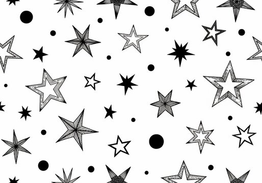 Hand-drawn star pattern, scattered celestial shapes, monochrome graphic design, abstract background, playful repetition.