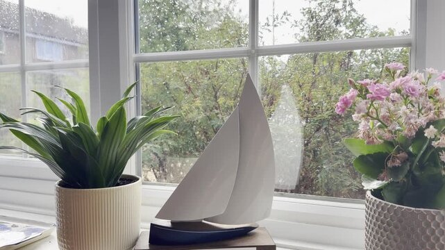 Raindrops fall on a window behind a model sailboat and potted plants in Gosport, England