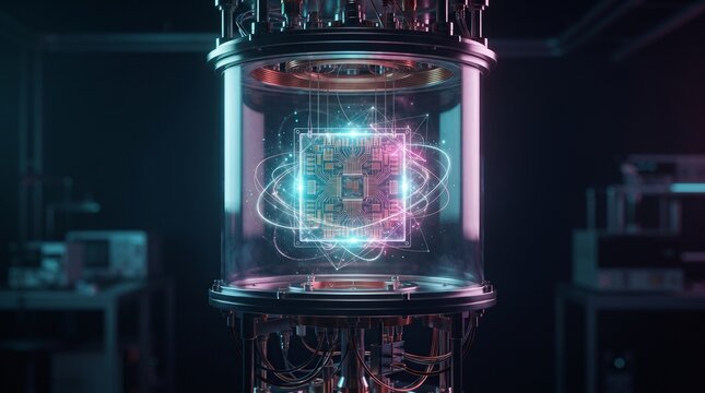 Quantum processor chip suspended in a futuristic glass laboratory cooling chamber