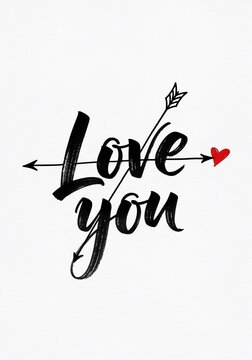 Romantic calligraphy: "Love you" with arrow through heart symbol.