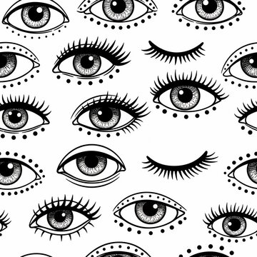 Abstract Eye Pattern: Open and Closed Eyes with Decorative Accents, Black and White, Seamless Design