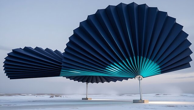 Large blue folding fan structure standing on a snowy landscape under a clear sky