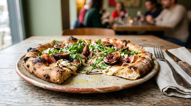 Pizza with Mushrooms and Arugula on Rustic Plate in Casual Restaurant