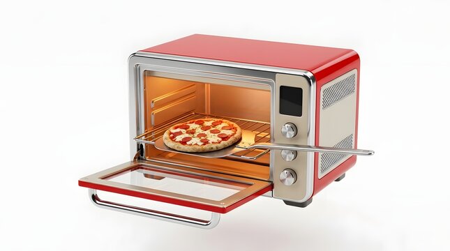 Red Mini Oven Baking Pizza in Modern Kitchen Countertop