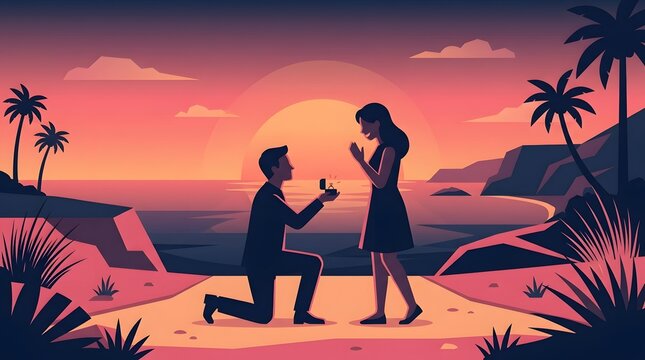 Romantic Couple on Sunset Beach in Vibrant Colors with Palm Trees and Ocean View