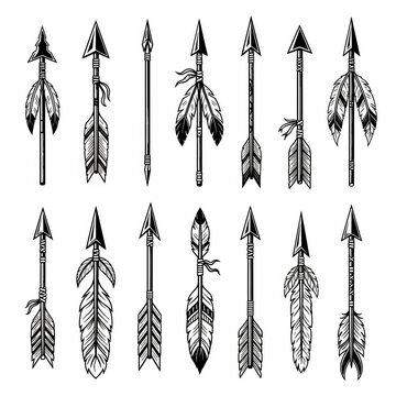 Tribal arrows and feathers, primitive weapon illustrations, indigenous design elements, symbolic motifs.
