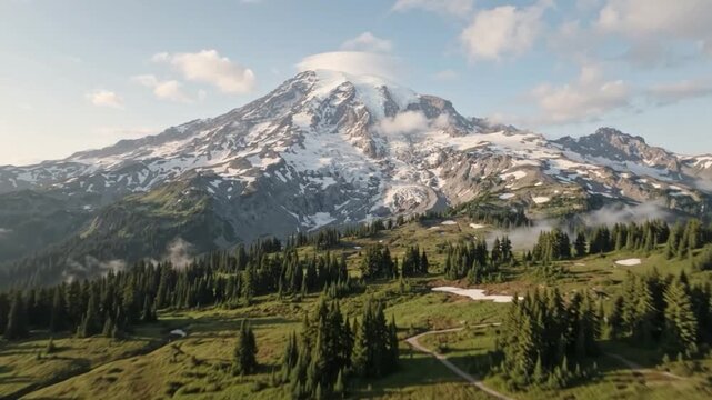 Aerial view of mount rainier national park: snow-capped peak, glaciers, and evergreen forests at sunset
