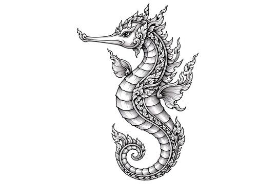 Intricate Seahorse Tattoo Design: An artistic and highly detailed illustration of a seahorse adorned with ornate, traditional patterns, evoking a sense of mythical beauty and aquatic fantasy.
