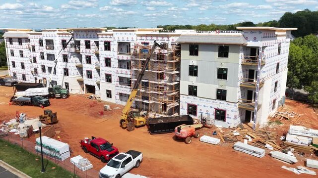 A five story apartment building under construction in Lynchburg, Virginia, wrapped in housewrap with a crane, scaffolding and stacked lumber on the clay below. Aerial approaching shot