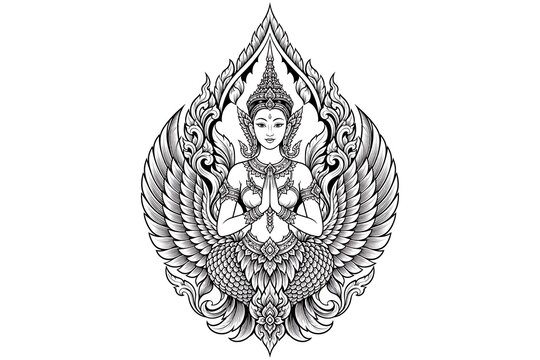 Thai Angelic Guardian Emblem: An intricate black and white illustration of a divine being, resembling a Thai angel or deity, with elaborate wings and ornamentation.