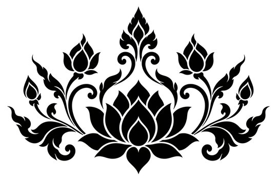 Traditional Thai Art Design: A striking black and white traditional Thai art motif, featuring an ornate lotus flower surrounded by intricate floral embellishments.