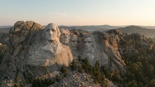Aerial view of mount rushmore national memorial at sunrise in south dakota, usa black hills american history