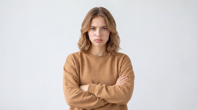 Waist-up portrait of beautiful young woman with blonde straight hair frowning her face in displeasure, wearing loose long-sleeved sweater, keeping arms folded. Attractive in closed posture.