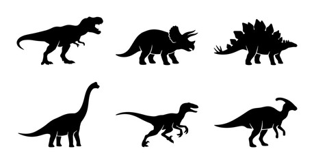 Dinosaur Silhouettes Collection, Prehistoric Reptile Icons, Tyrannosaurus Rex, Triceratops, Stegosaurus, Brontosaurus, Velociraptor, Parasaurolophus Vector Graphics © Sadia