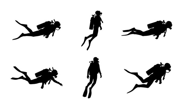 Scuba Divers Silhouettes, Underwater Exploration Vector Icons, Aquatic Adventure Graphics, Deep Sea Diving Set