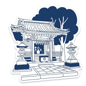 Blue line art sticker illustration of a traditional Japanese shrine building with stone lanterns